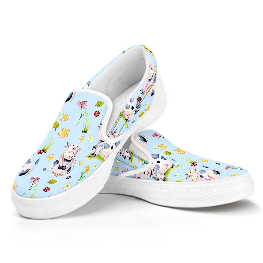 Watercolor Cartoon Cow Pattern Print White Slip On Sneakers