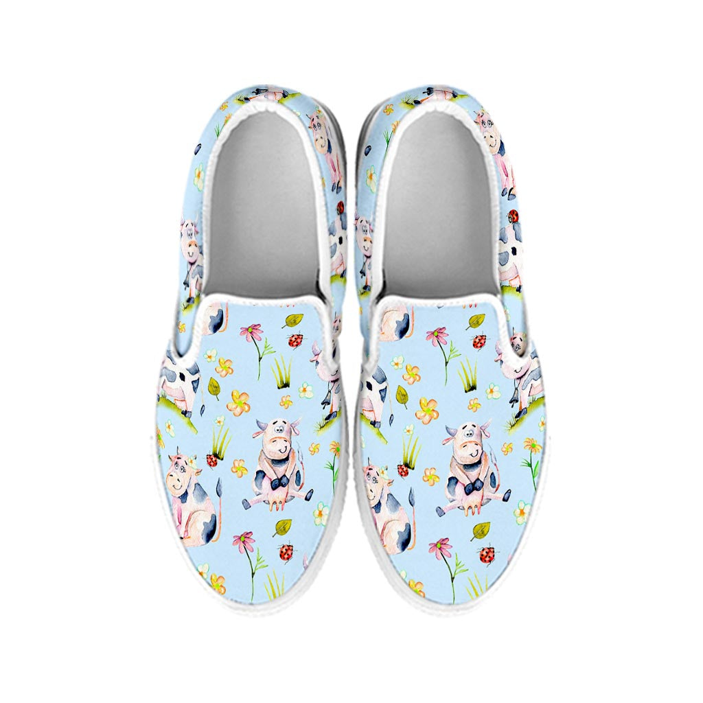 Watercolor Cartoon Cow Pattern Print White Slip On Sneakers