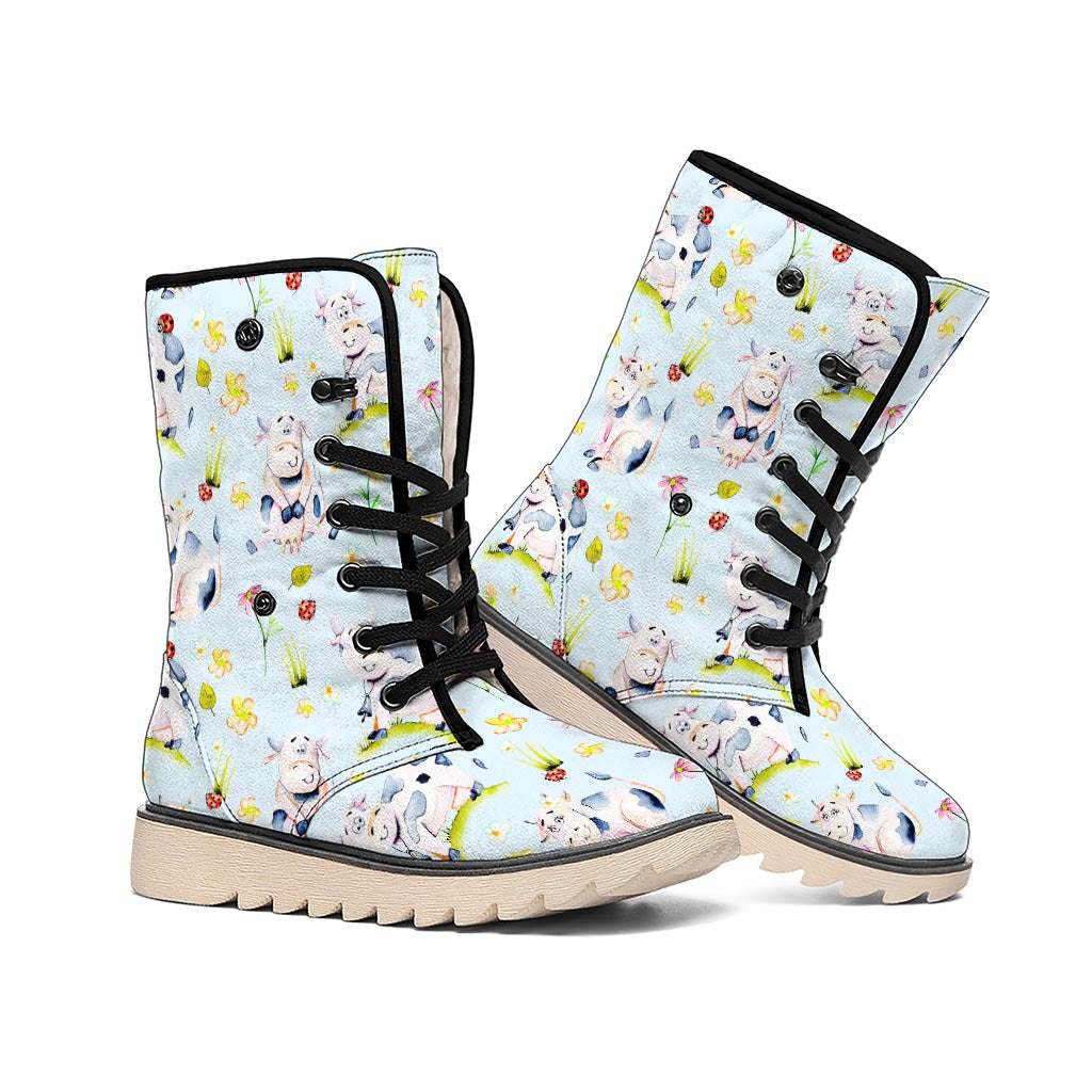 Watercolor Cartoon Cow Pattern Print Winter Boots