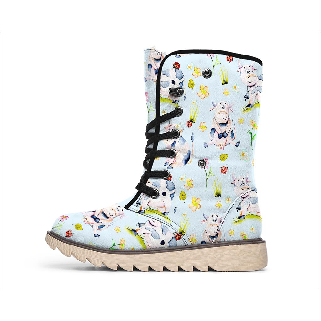 Watercolor Cartoon Cow Pattern Print Winter Boots