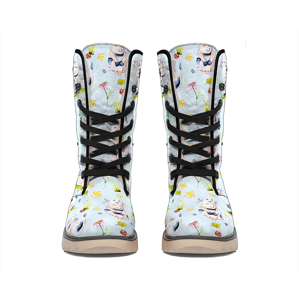 Watercolor Cartoon Cow Pattern Print Winter Boots