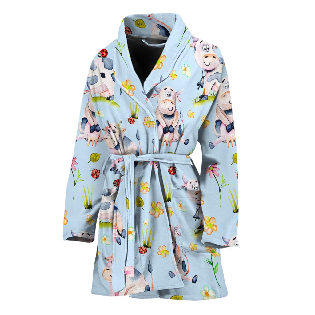 Watercolor Cartoon Cow Pattern Print Women's Bathrobe