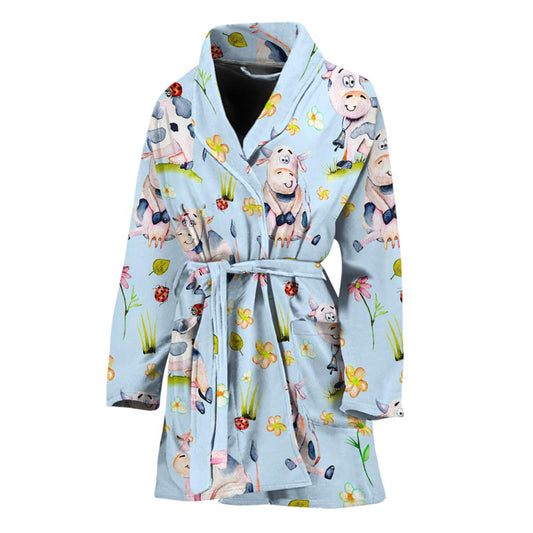 Watercolor Cartoon Cow Pattern Print Women's Bathrobe