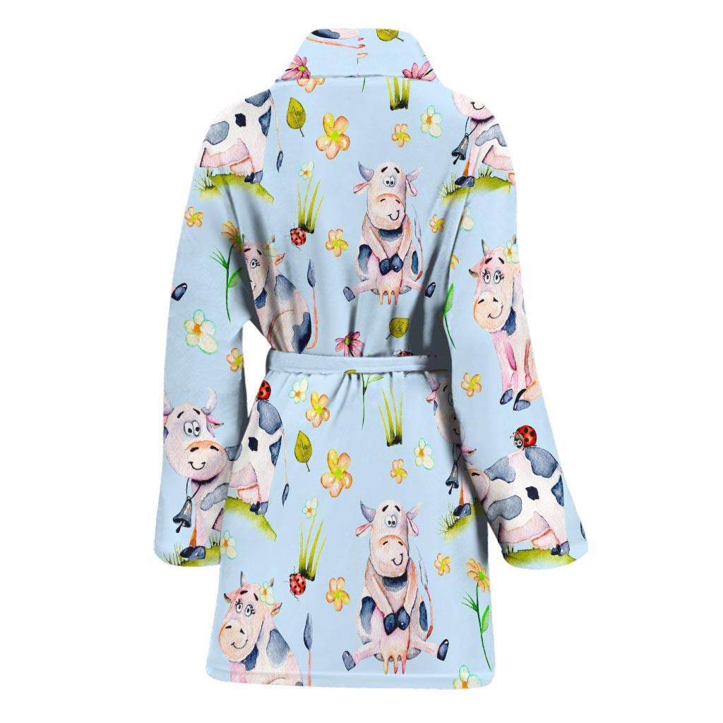 Watercolor Cartoon Cow Pattern Print Women's Bathrobe