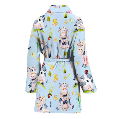 Watercolor Cartoon Cow Pattern Print Women's Bathrobe