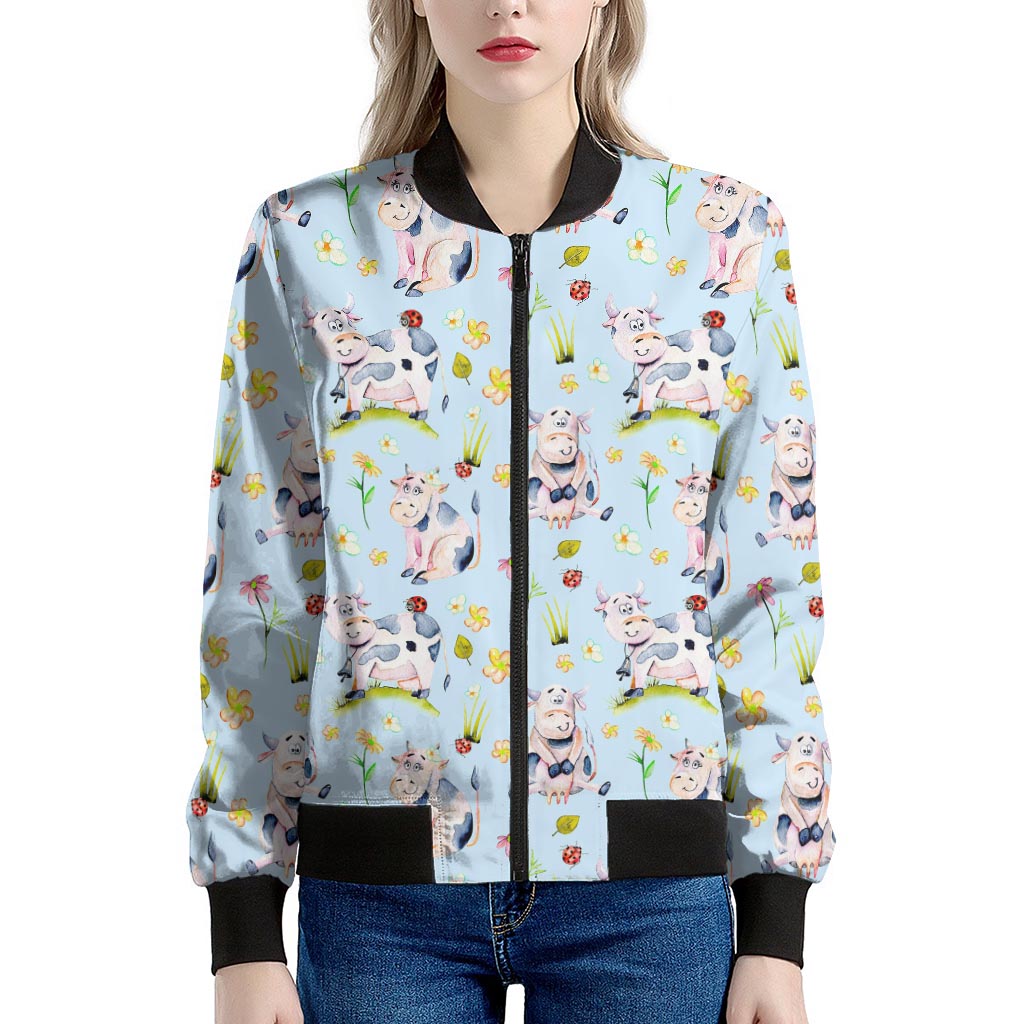 Watercolor Cartoon Cow Pattern Print Women's Bomber Jacket