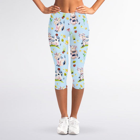 Watercolor Cartoon Cow Pattern Print Women's Capri Leggings