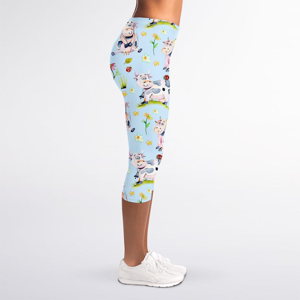 Watercolor Cartoon Cow Pattern Print Women's Capri Leggings
