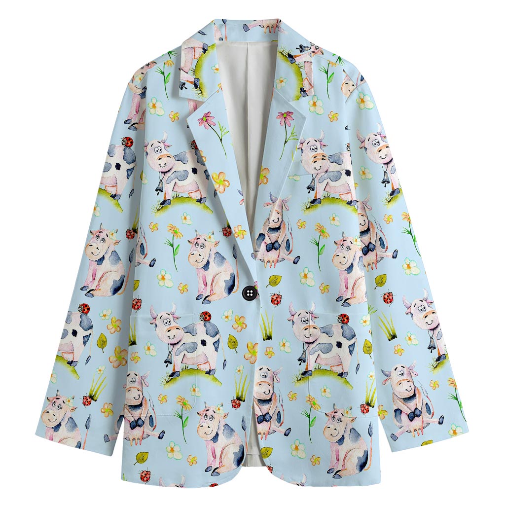 Watercolor Cartoon Cow Pattern Print Women's Cotton Blazer
