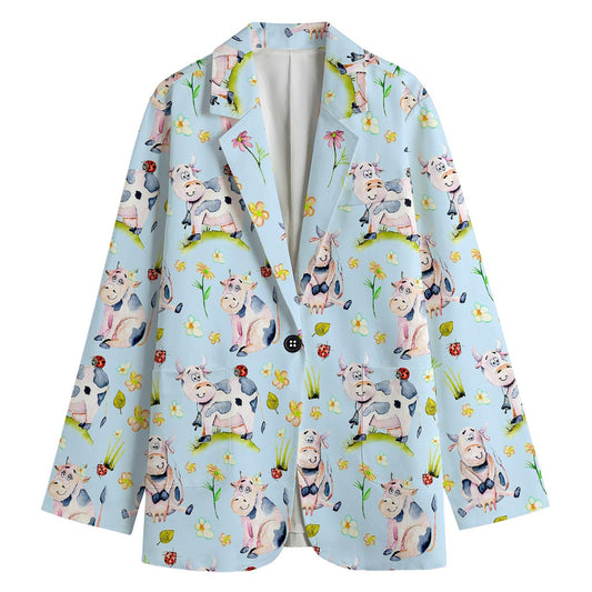 Watercolor Cartoon Cow Pattern Print Women's Cotton Blazer
