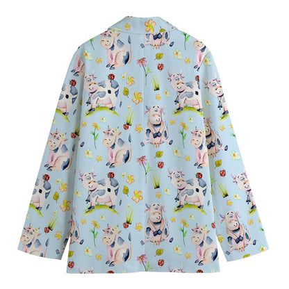 Watercolor Cartoon Cow Pattern Print Women's Cotton Blazer