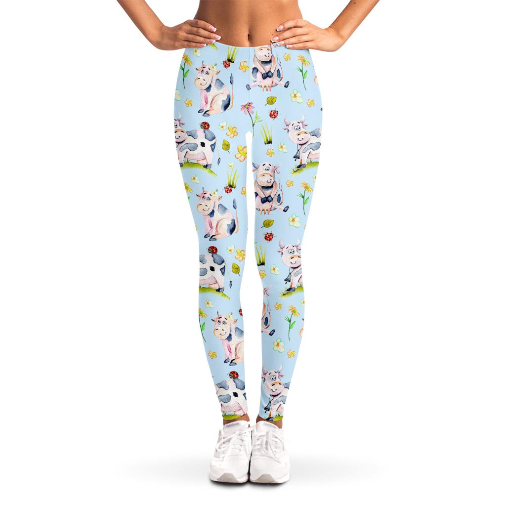 Watercolor Cartoon Cow Pattern Print Women's Leggings