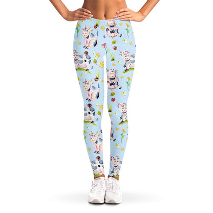 Watercolor Cartoon Cow Pattern Print Women's Leggings