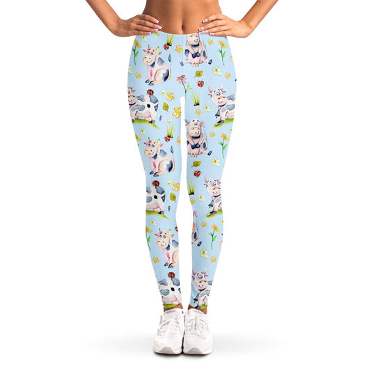 Watercolor Cartoon Cow Pattern Print Women's Leggings