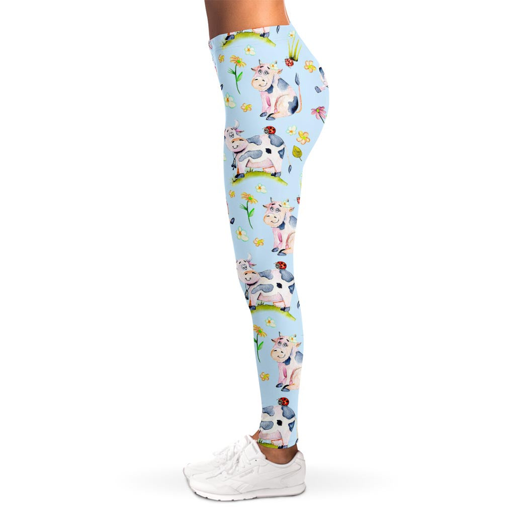 Watercolor Cartoon Cow Pattern Print Women's Leggings