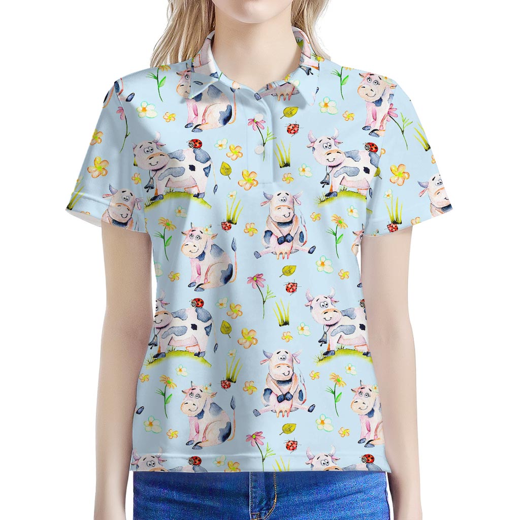 Watercolor Cartoon Cow Pattern Print Women's Polo Shirt
