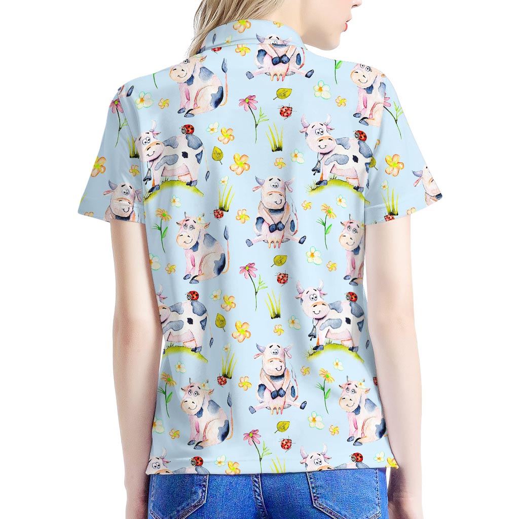 Watercolor Cartoon Cow Pattern Print Women's Polo Shirt