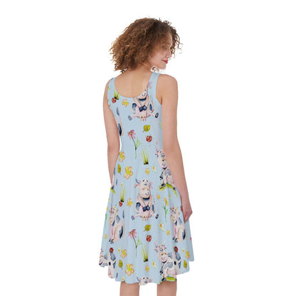 Watercolor Cartoon Cow Pattern Print Women's Sleeveless Dress