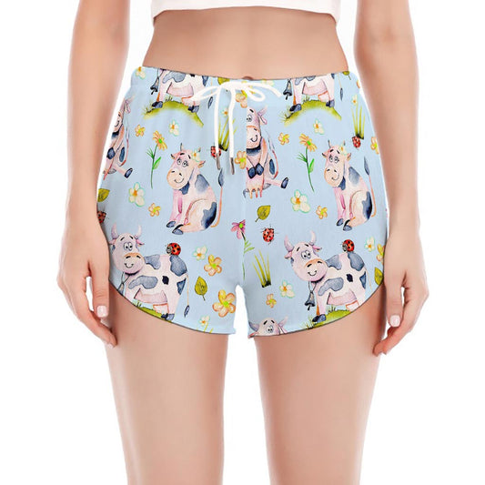 Watercolor Cartoon Cow Pattern Print Women's Split Running Shorts