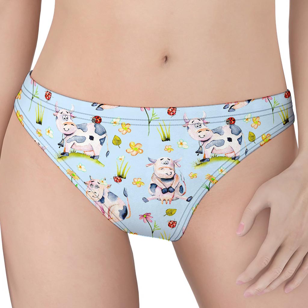 Watercolor Cartoon Cow Pattern Print Women's Thong