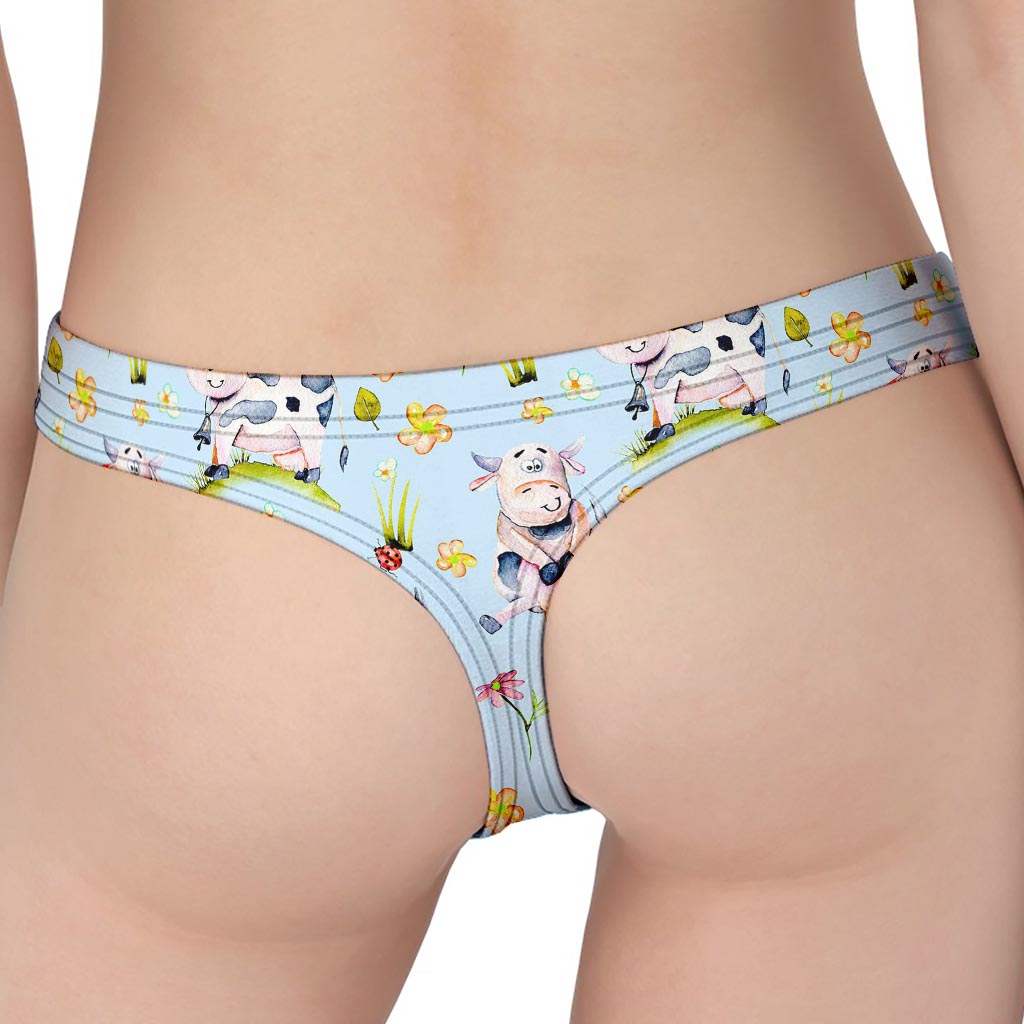 Watercolor Cartoon Cow Pattern Print Women's Thong