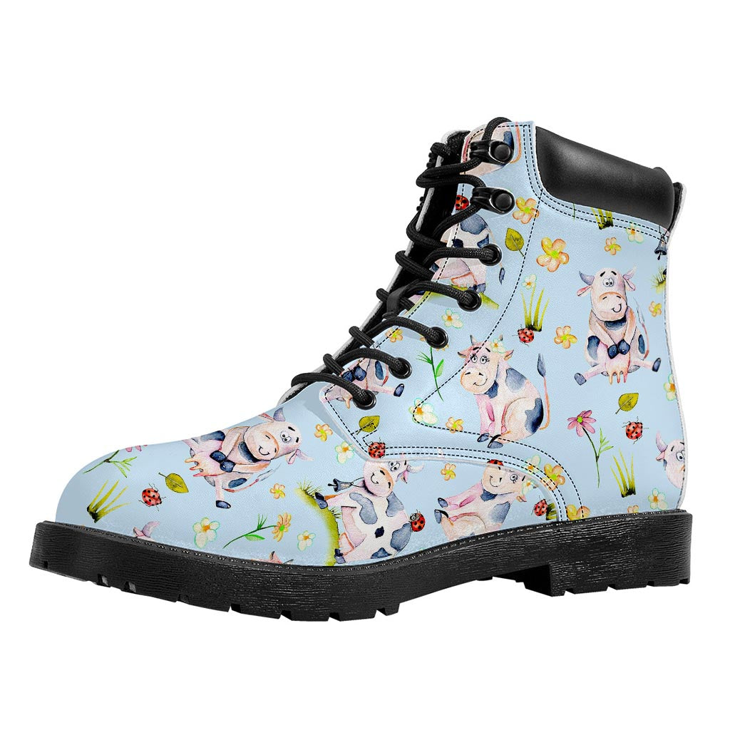Watercolor Cartoon Cow Pattern Print Work Boots