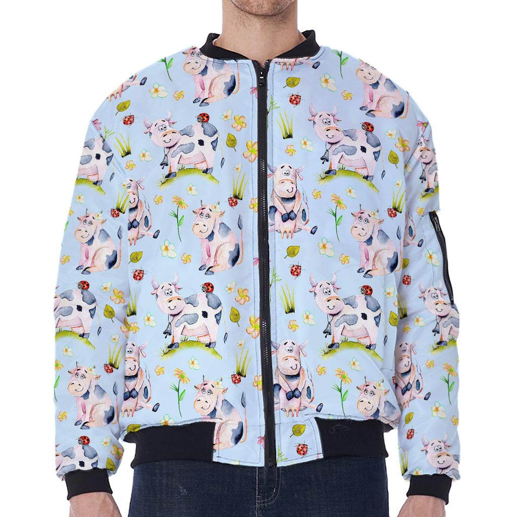 Watercolor Cartoon Cow Pattern Print Zip Sleeve Bomber Jacket