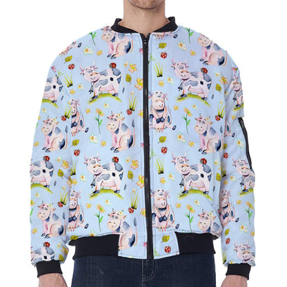 Watercolor Cartoon Cow Pattern Print Zip Sleeve Bomber Jacket