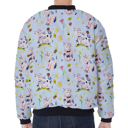Watercolor Cartoon Cow Pattern Print Zip Sleeve Bomber Jacket