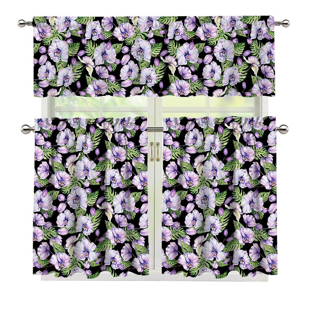 Watercolor Cattleya Pattern Print 3 Piece Kitchen Curtains