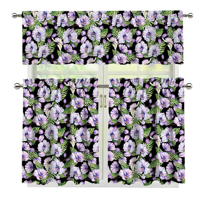 Watercolor Cattleya Pattern Print 3 Piece Kitchen Curtains