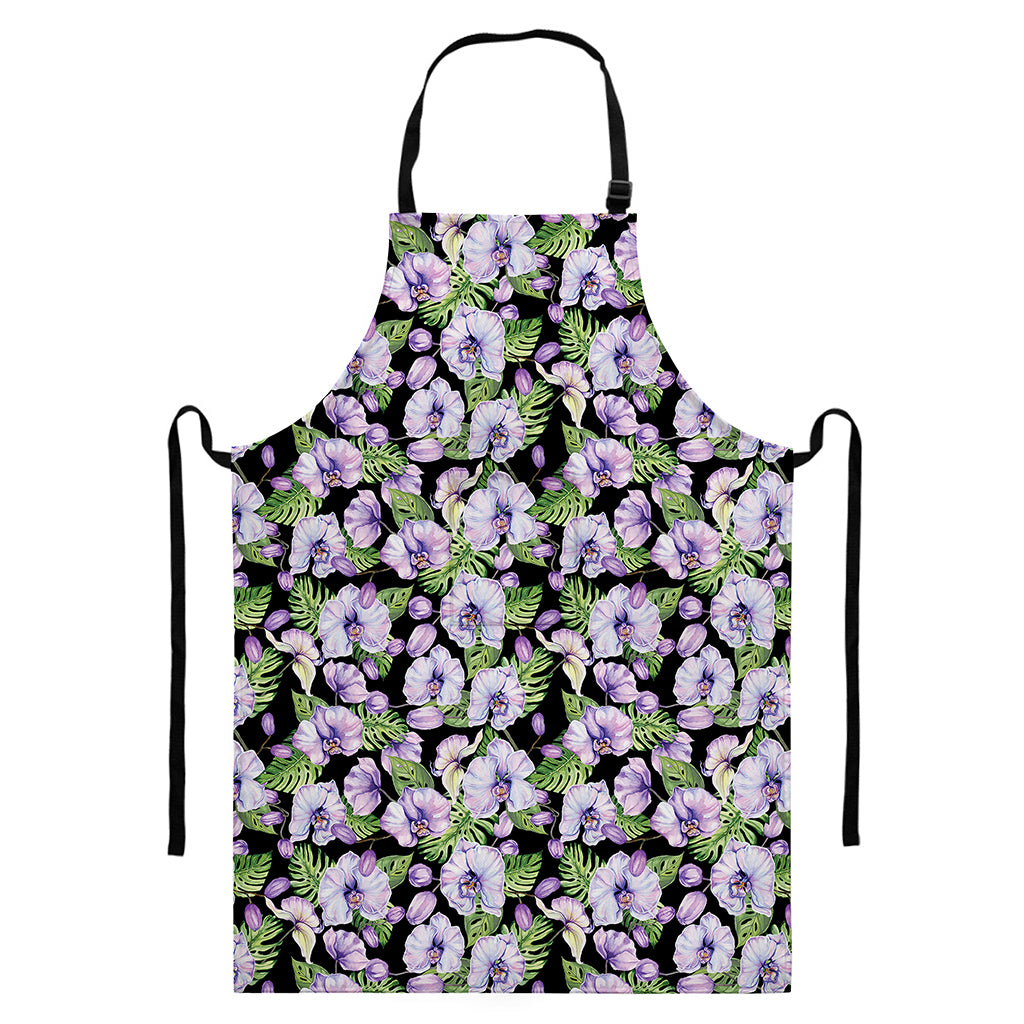Watercolor Cattleya Pattern Print Bib Apron With Pocket