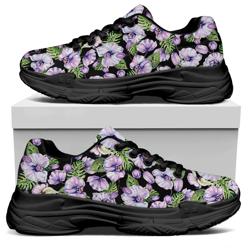 Watercolor Cattleya Pattern Print Black Chunky Shoes