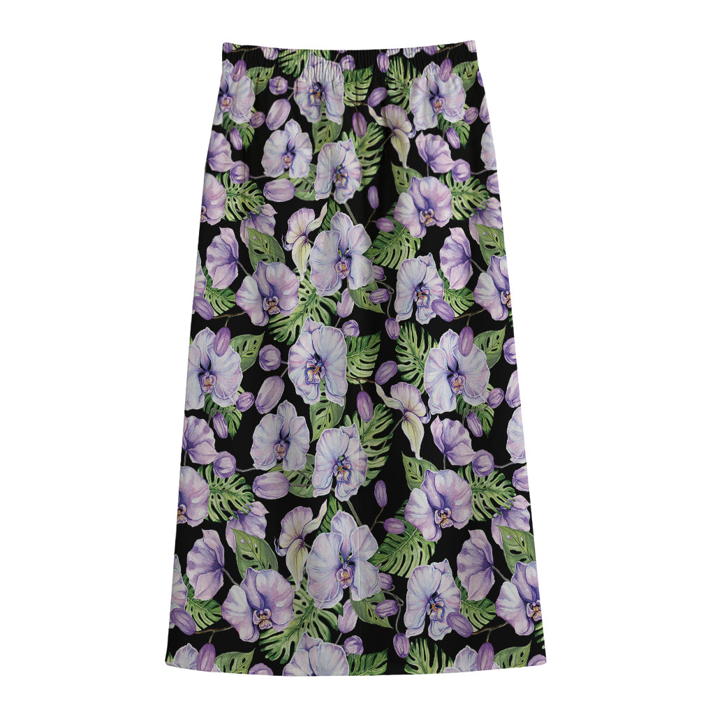 Watercolor Cattleya Pattern Print Cotton Front Slit Maxi Skirt