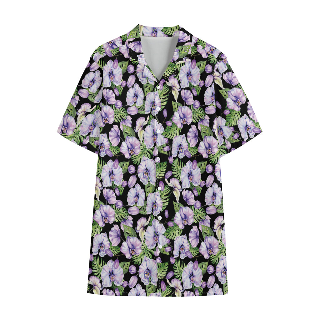 Watercolor Cattleya Pattern Print Cotton Hawaiian Shirt