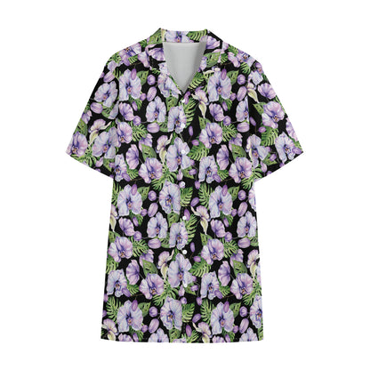 Watercolor Cattleya Pattern Print Cotton Hawaiian Shirt