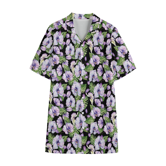 Watercolor Cattleya Pattern Print Cotton Hawaiian Shirt