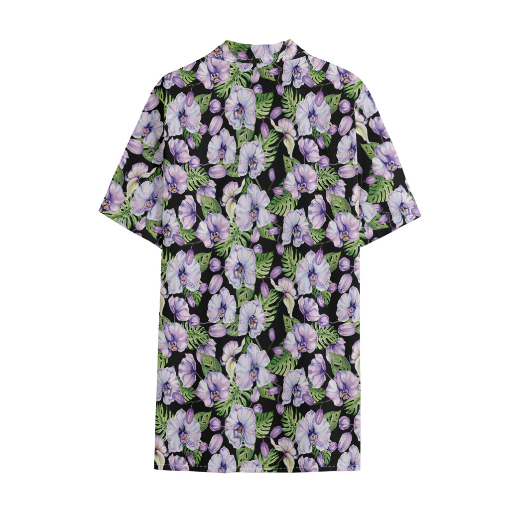 Watercolor Cattleya Pattern Print Cotton Hawaiian Shirt