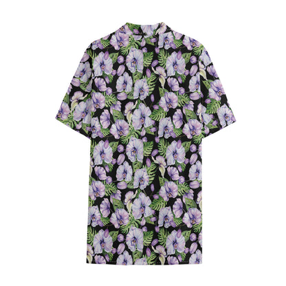 Watercolor Cattleya Pattern Print Cotton Hawaiian Shirt