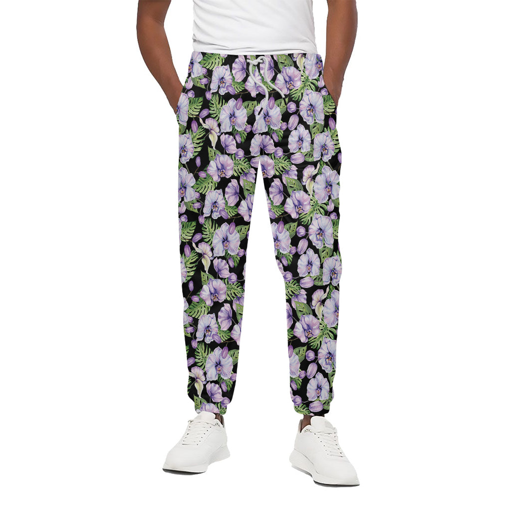 Watercolor Cattleya Pattern Print Cotton Pants