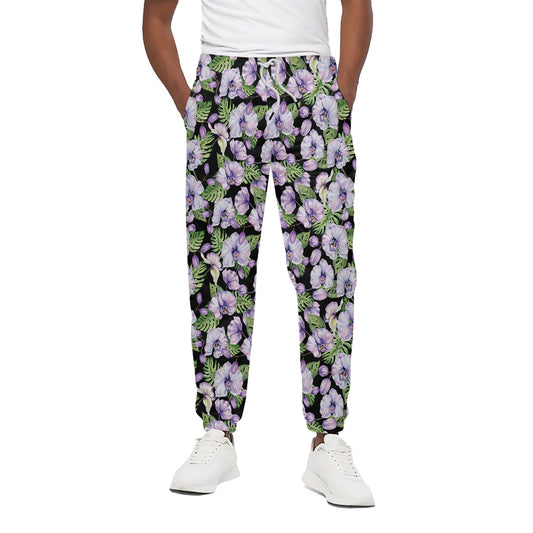 Watercolor Cattleya Pattern Print Cotton Pants