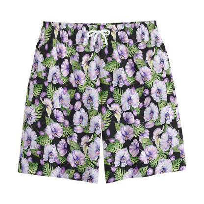 Watercolor Cattleya Pattern Print Cotton Shorts