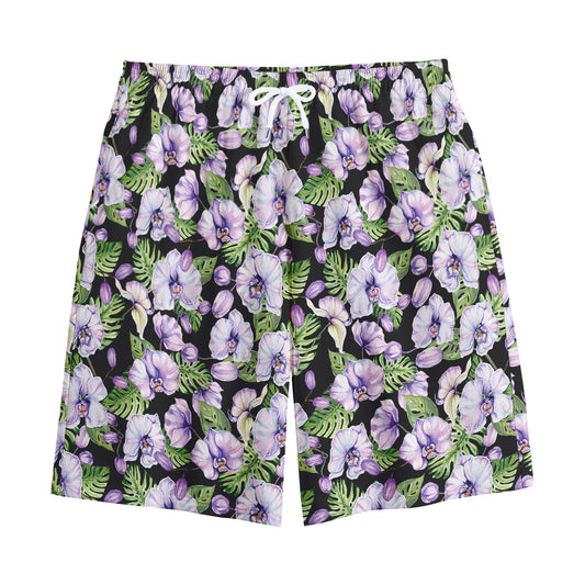 Watercolor Cattleya Pattern Print Cotton Shorts