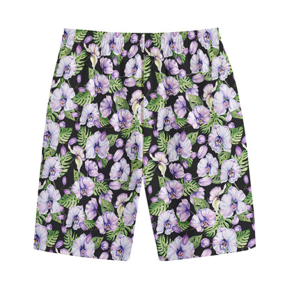 Watercolor Cattleya Pattern Print Cotton Shorts