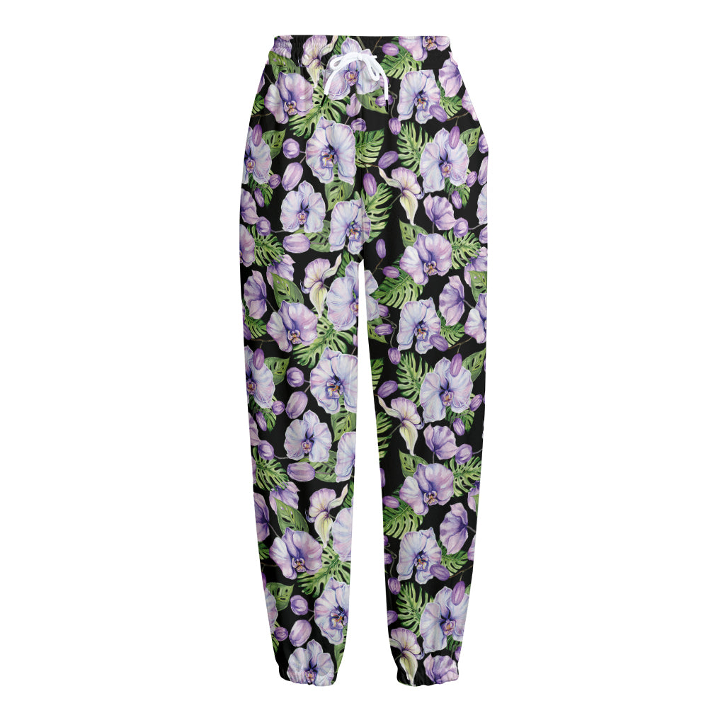 Watercolor Cattleya Pattern Print Fleece Lined Knit Pants