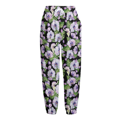 Watercolor Cattleya Pattern Print Fleece Lined Knit Pants