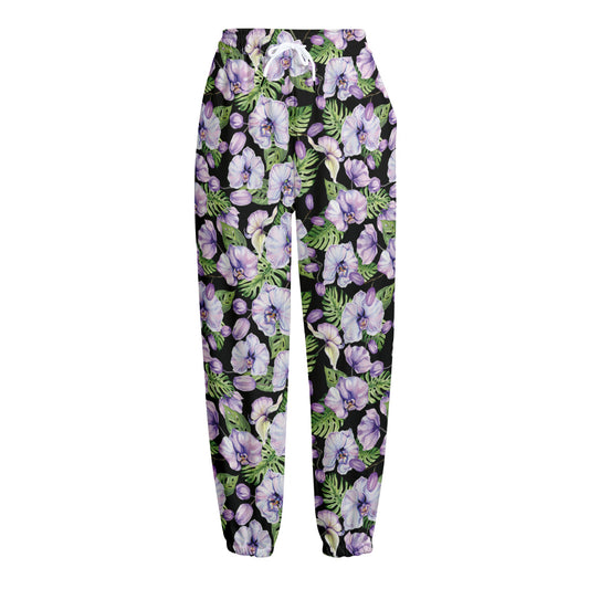 Watercolor Cattleya Pattern Print Fleece Lined Knit Pants