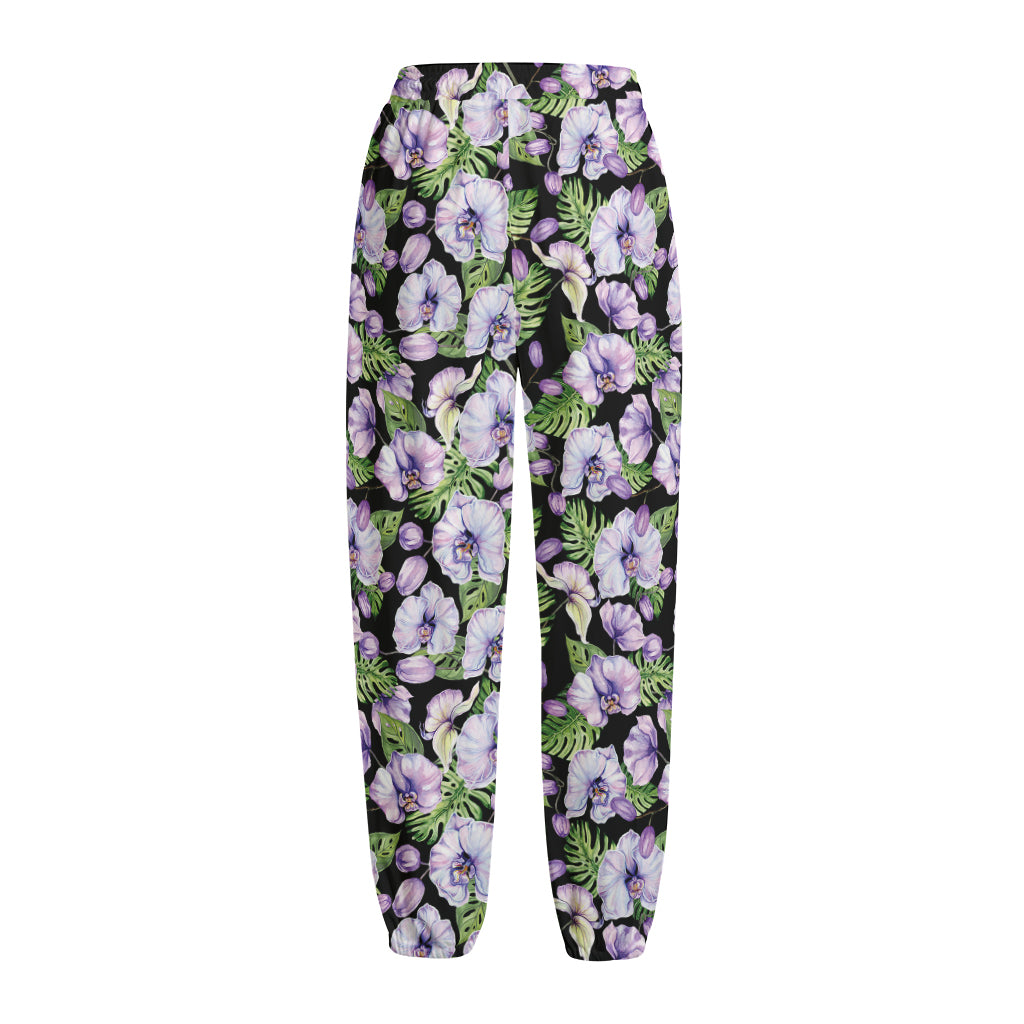 Watercolor Cattleya Pattern Print Fleece Lined Knit Pants