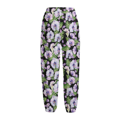 Watercolor Cattleya Pattern Print Fleece Lined Knit Pants