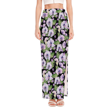 Watercolor Cattleya Pattern Print High Slit Maxi Skirt